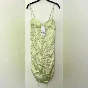 Zara Lime Green ruched satin effect dress
